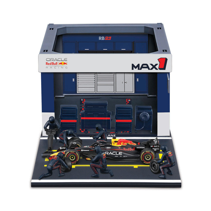 Bburago - Комплект за игра: Бокс F1 Red Bull RB21 (#1) Max Verstappen 18/38459