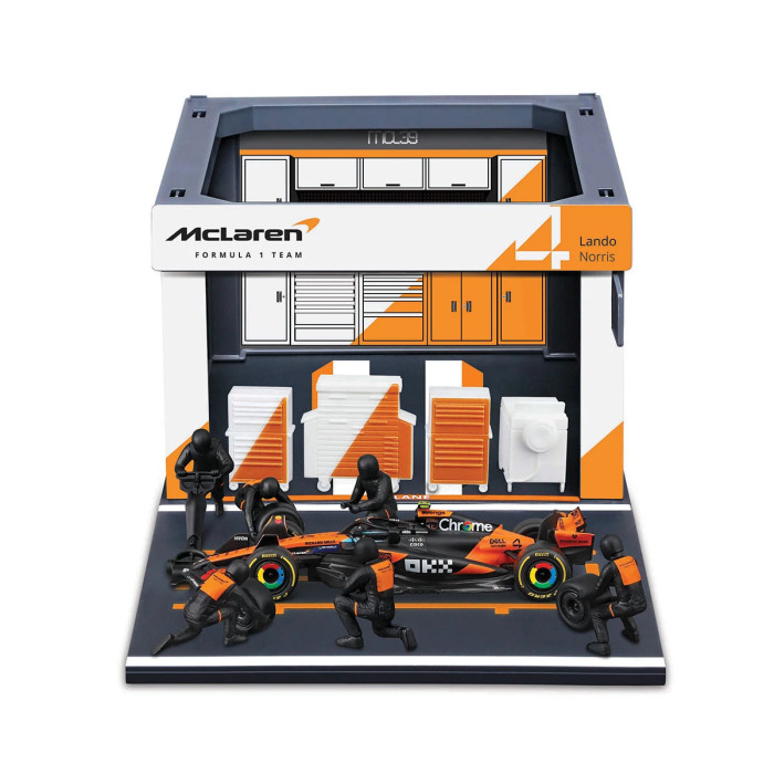 Bburago - Комплект за игра: Бокс F1 McLaren MCL39 (#4) Lando Norris 18/38457