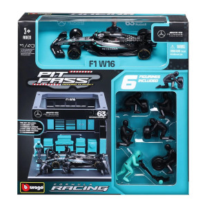 Bburago - Комплект за игра: Бокс F1 Mercedes-AMG W16 (#63) 18/38458