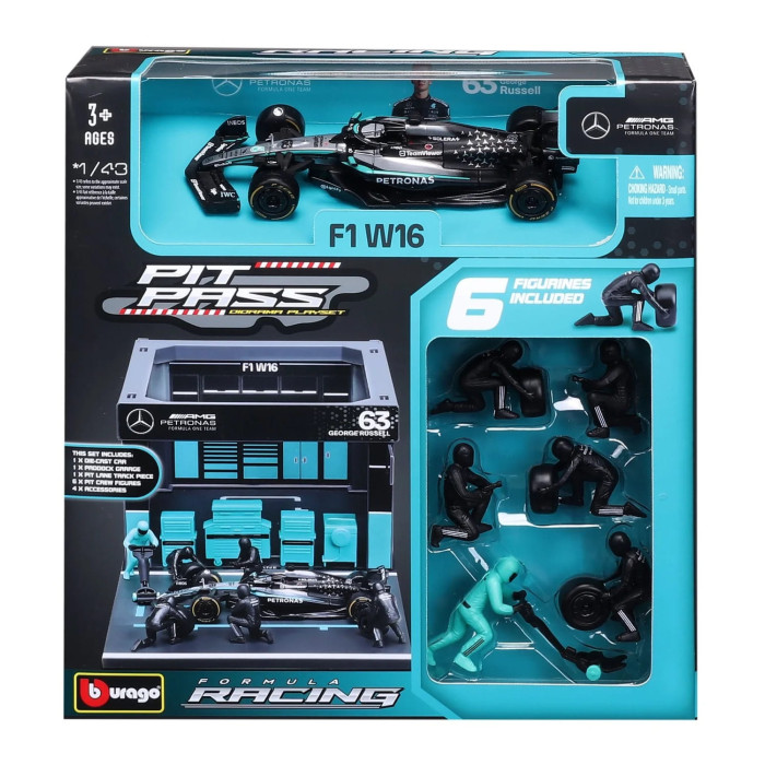 Bburago - Комплект за игра: Бокс F1 Mercedes-AMG W16 (#63) 18/38458